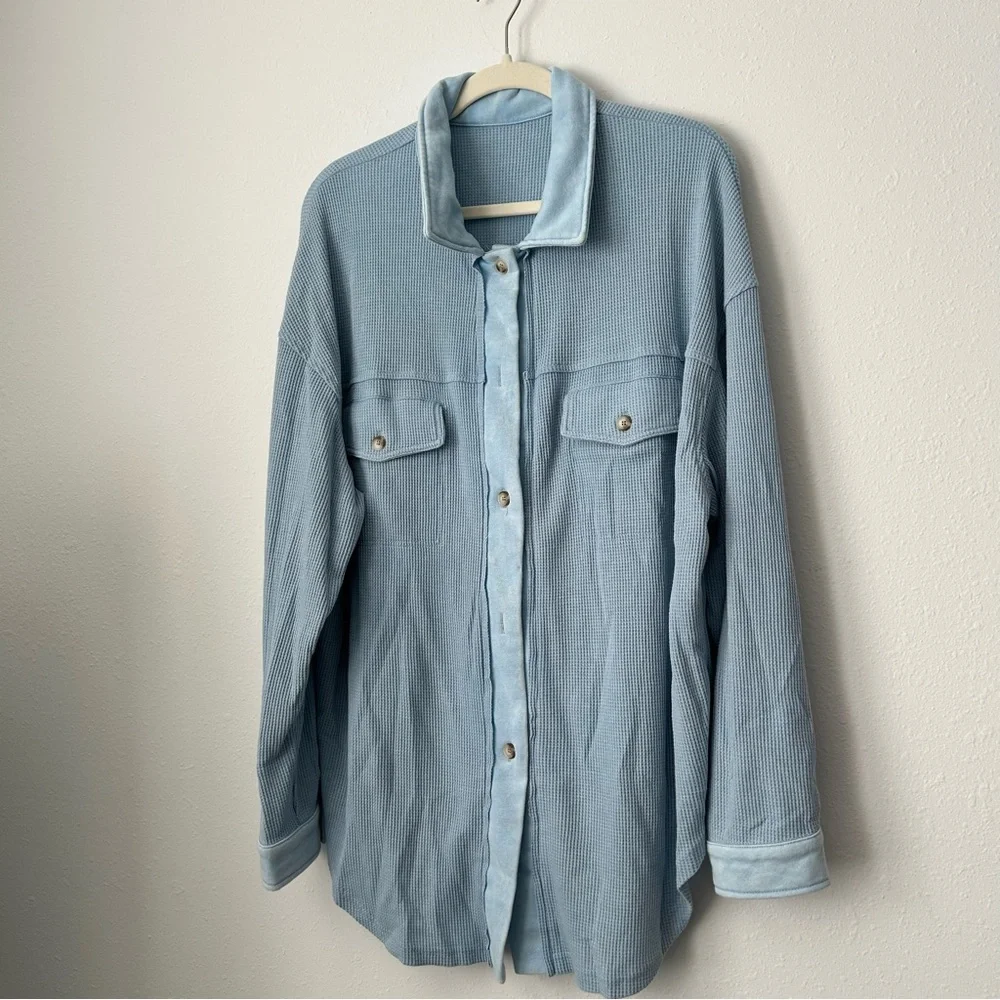Sky Blue Waffle Knit Pocketed Button-Up Shacket‎